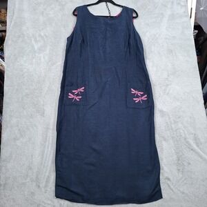 Vtg Y2K Jumper Dress 22W Plus Linen Blend Dragonfly Print Pockets Travel USA
